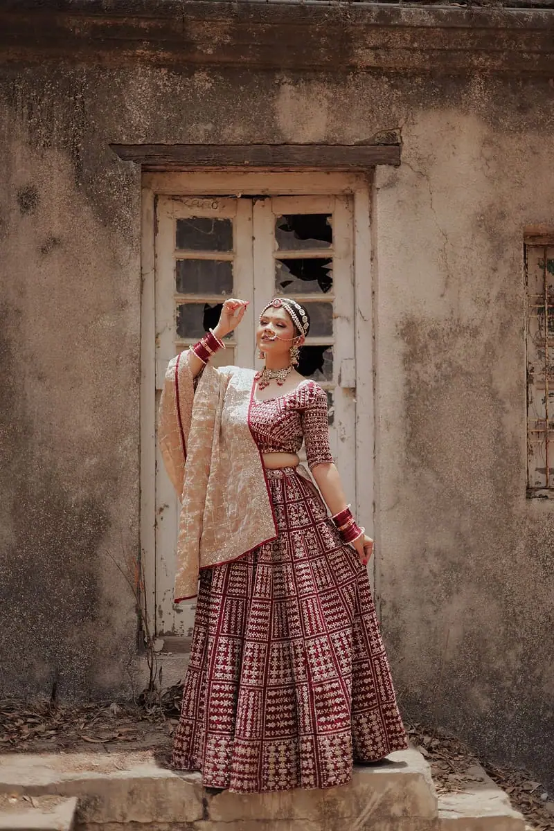 Aaina - Maroon Check Print Lehenga