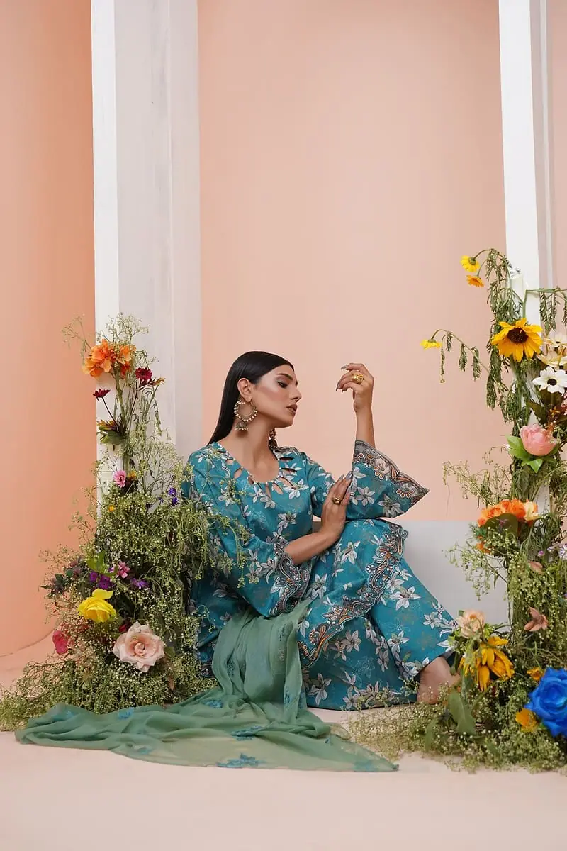 Bagh - Teal Floral Print Suit Set