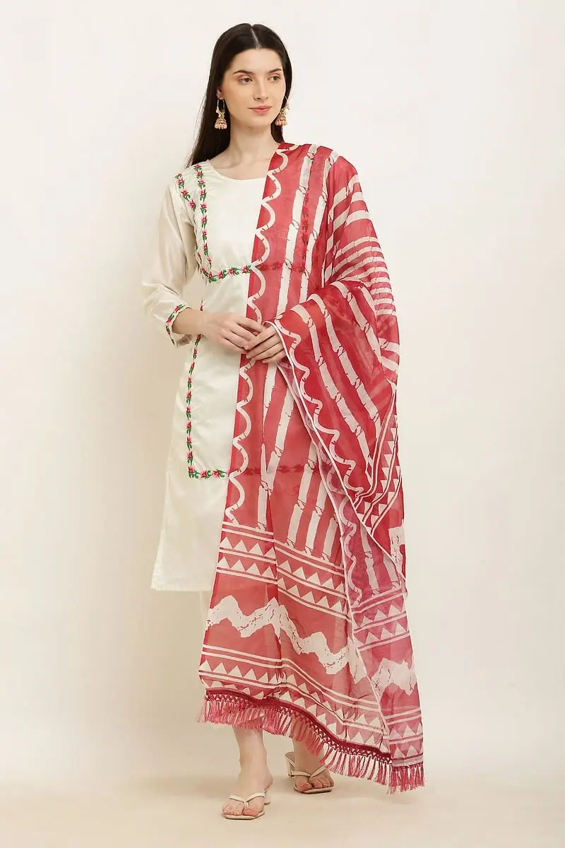 Ikat - Ivory Suit with Red Print Dupatta