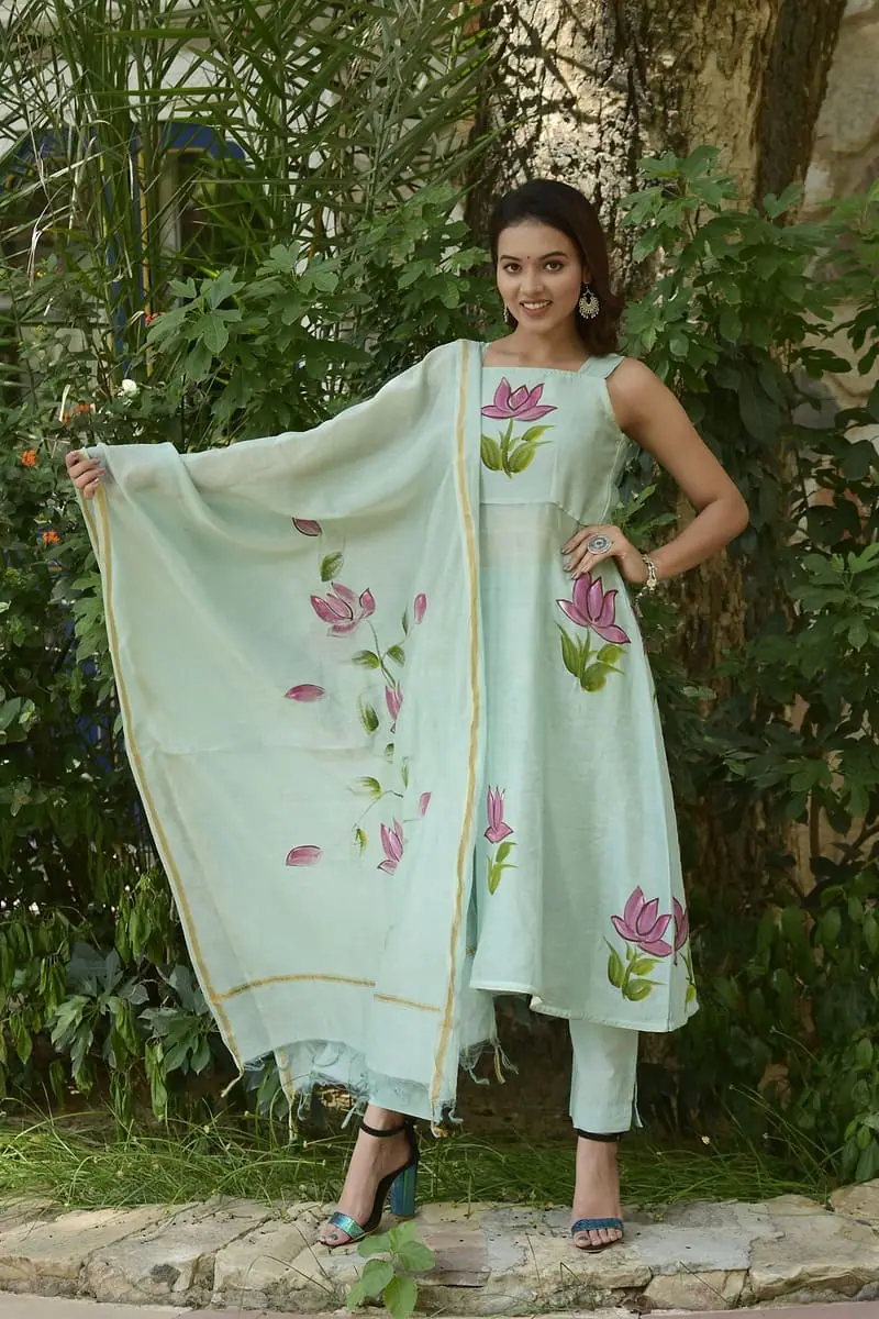 Kamal - Mint Hand-Painted Lotus Suit