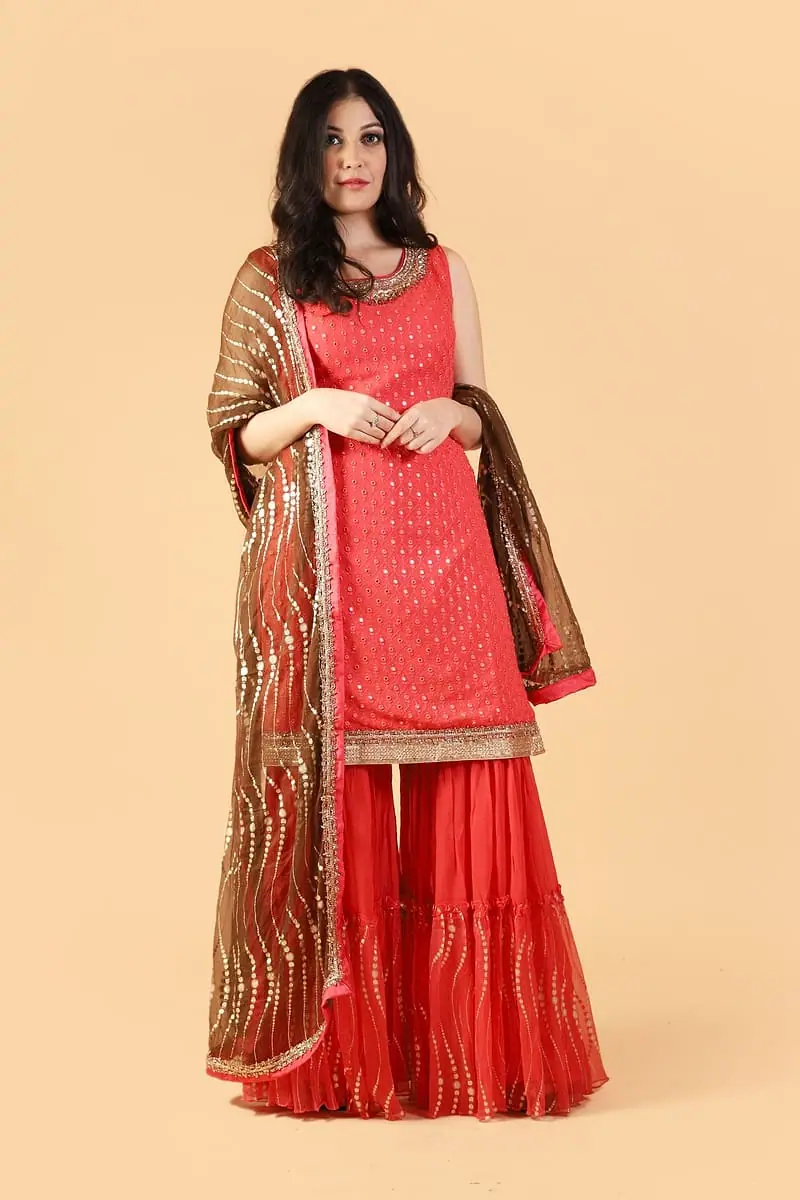 Laal - Coral Sharara Set