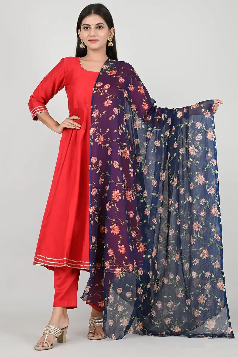 Neelam - Red Suit with Navy Floral Dupatta