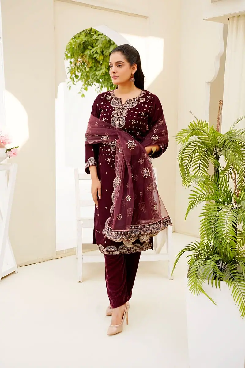 Shahana - Wine Velvet Suit Set