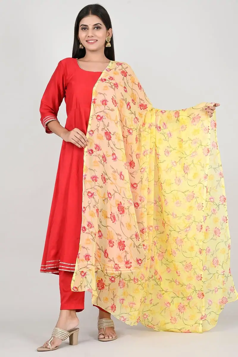 Surkhab - Red Suit with Yellow Floral Dupatta